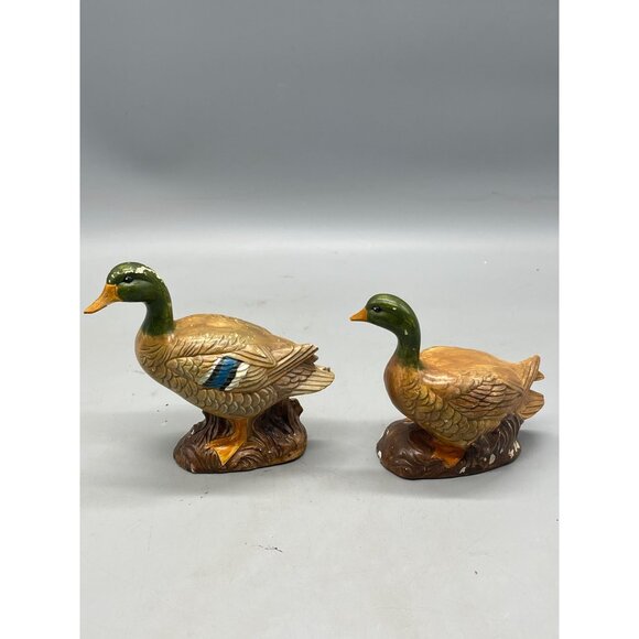 set of 2 Ceramic Duck figurines browns orange green 5.5" long 5" tall READ - Picture 2 of 5
